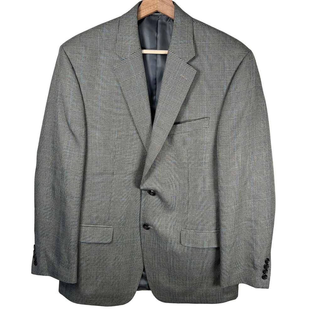 Chaps Mens Classic Black White Plaid Blazer Sport Coat Size 40R Blue Check